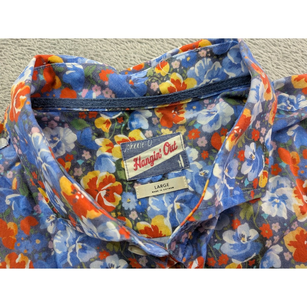 Johnnie-O Hangin Out Mens Large Blue Floral Short Sleeve Button Front Shirt